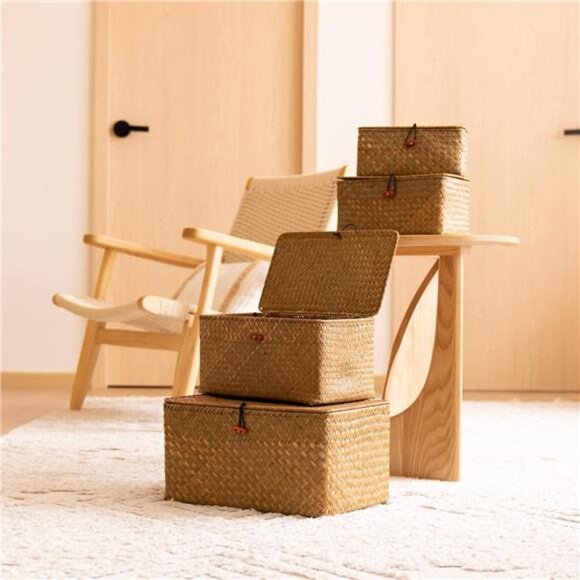 4 Pack, Wicker Baskets with Lids, Nautral Seagrass Storage Baskets, Woven - Picture 6 of 7